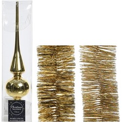 Kerstversiering glazen piek glans 26 cm en folieslingers pakket goud van 3x stuks - kerstboompieken