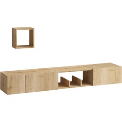 Zwevende TV-meubel met 1 nis, 3 deuren en 1 wandplank in eiken saffierdecor L180 cm - Avior