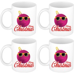 Set van 4x stuks kerstcadeau mokken / bekers Merry Christmas roze smiley kerstbal 300 ml - Bekers