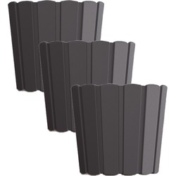 Set van 3x stuks wood-look plantenpot/bloempot kunststof dia 16.5 cm/hoogte 15 cm antraciet - Plantenpotten