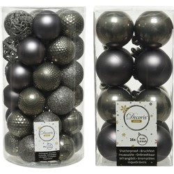 Kerstversiering kunststof kerstballen antraciet grijs 4-6 cm pakket van 53x stuks - Kerstbal