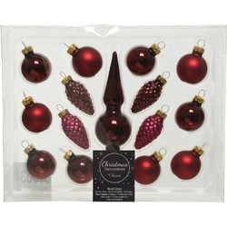 Donkerrode glazen kerstballen 3 cm en piek set voor mini kerstboom 15-dlg - Kerstbal