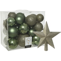 Kerstballen set 26x stuks kerstballen en ster piek mosgroen kunststof - Kerstbal