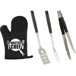 BBQ/barbecue gereedschap set 3-delig RVS met BBQ handschoen Masterchef - Barbecuegereedschapset