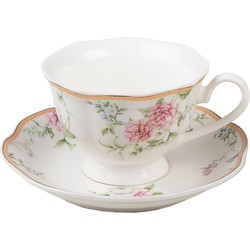 Clayre & Eef Kop en schotel Set van 2  220 ml Wit Roze Porselein Servies