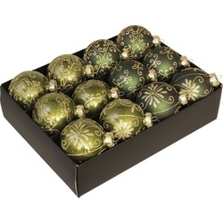 24x Glazen gedecoreerde donkergroen met gouden kerstballen 7,5 cm - Kerstbal