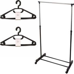 Mobiel kledingrek met kleding hangers - 20 kunststof hangers - zwart - Kledingrekken