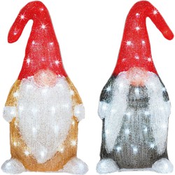 2x stuks kerstverlichting led figuren voor buiten gnome/dwerg 44 cm met 60 lampjes helder wit - kerstverlichting figuur