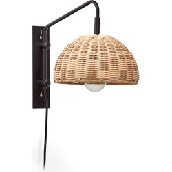 Kave Home - Damila-wandlamp van zwart metaal en rotan