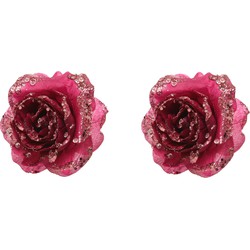 2x stuks decoratie bloemen roos framboos roze (magnolia) glitter op clip 14 cm - Kunstbloemen