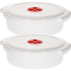 Plastic Forte Magnetronschaal - 2x - deksel/ventiel - 2 liter - wit - kunststof - BPA vrij - Magnetronbakken