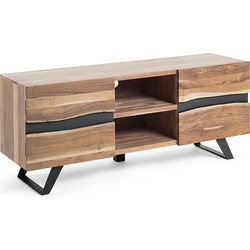 Kave Home - Uxia massief acacia houten TV-meubel met 2 deuren en zwart afgewerkt staal, 160 x 65 cm