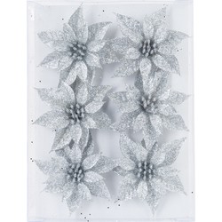 6x stuks decoratie bloemen rozen zilver glitter op ijzerdraad 8 cm - Kunstbloemen