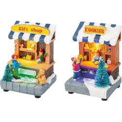 Set van 2x stuks Kerstdorp cadeau winkel en koekjes winkel met verlichting 11 cm - Kerstdorpen