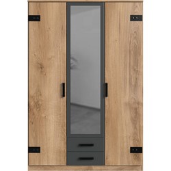 Kast met 2 deuren, eikenhouten decor, 1 spiegeldeur en 2 laden - H198 cm