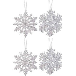 4x Zilveren sneeuwvlok/ijsster kerstornamenten kerst hangers 12 cm met glitters - Kersthangers