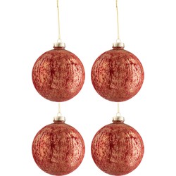 J-line - Doos Van 4 Kerstballen Fluweel Glas Antiek Bordeaux/goud Large - 12x12x12cm