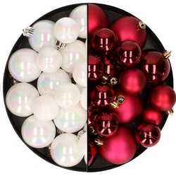 Kerstversiering kunststof kerstballen mix donkerrood/parelmoer wit 4-6-8 cm pakket van 68x stuks - Kerstbal