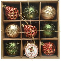 Kerstballen Mix 9 st. - Dennengroen/Parelgoud/Kerstrood - Decoris