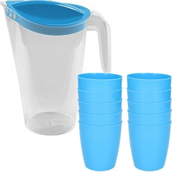 10x kunststof drinkbekers 300 ML met schenkkan set blauw van 1.75 liter - Schenkkannen