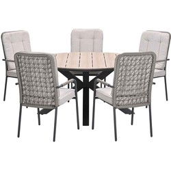 Garden Impressions Aleria tuinset 6-delig taupe - Tulli tuintafel Ø148x75 cm - light teak vironwood