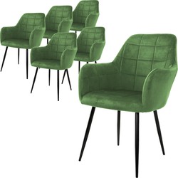 Eetkamerstoel set van 6 vierkant gewatteerd met rugleuning en armleuningen salie Keukenstoel met microvezel fluwelen bekleding ML design