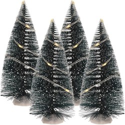 Kerstdorp maken kerstbomen 4 stuks 15 cm met LED lampjes - Kerstdorpen