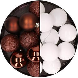24x stuks kunststof kerstballen mix van donkerbruin en wit 6 cm - Kerstbal