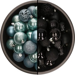 74x stuks kunststof kerstballen mix zwart en ijsblauw 6 cm - Kerstbal
