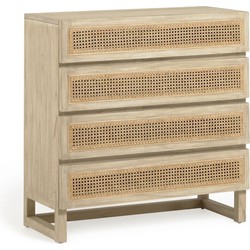 Kave Home - Kast met 4 laden Rexit van massief mindihout en fineer met rotan 90 x 93 cm