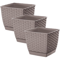 Set van 3x stuks plantenpotten/bloempotten rotan kunststof 25 x 25 cm en hoogte 22 cm taupe/beige - Plantenpotten