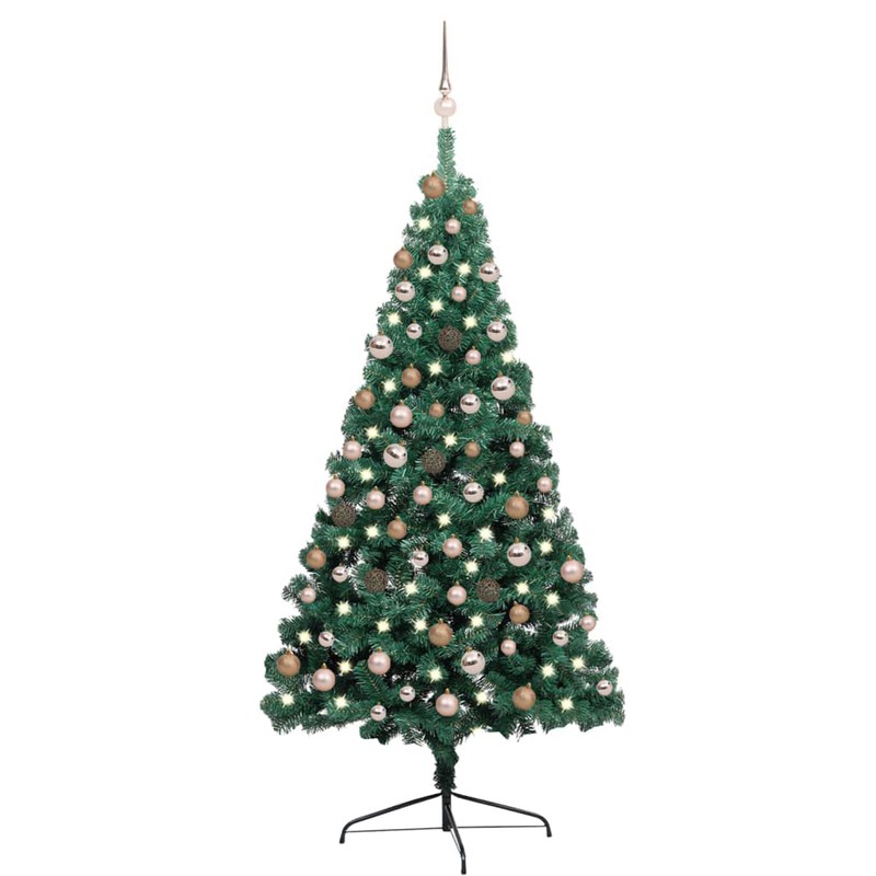 Prolenta Premium Kunstkerstboom met LED's en kerstballen half 180 cm groen - 