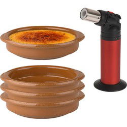 13-Delige creme brulee set met bruine schaaltjes en een rode brander - Serveerschalen