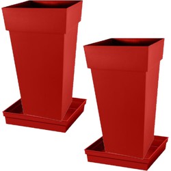 Set van 2x stuks bloempotten Toscane vierkant kunststof rood 43 x 43 x 80 cm inclusief onderschalen - Plantenpotten