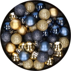 Kleine kerstballen - 40x st - donkerblauw/goud - D3 cm - kunststof - Kerstbal