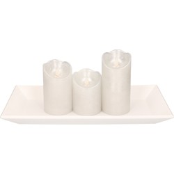 Houten kaarsenonderbord/plateau wit rechthoekig met LED kaarsen set 3 stuks zilver - Kaarsenplateaus