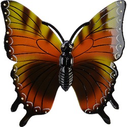 Tuin/schutting decoratie vlinder - kunststof - geeloranje - 24 x 24 cm - Tuinbeelden
