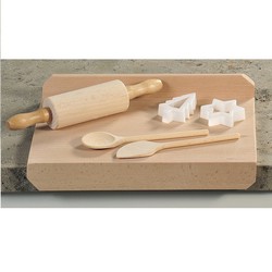 6-Delige FSC® Beuken Houten Kinderbakset - Kinder Taart - Gebak Bak Set - Bak Rol Plaat - Deegroller - Lepels - Uitsteek vormpjes