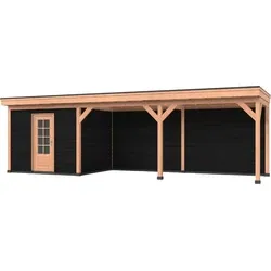 Douglas DIY overkapping, 900 x 250, met schuur en achterwand, Westwood, zwart gespoten