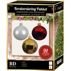 Gouden/witte/kerstrode kerstballen pakket 91-delig voor 150 cm boom - Kerstbal