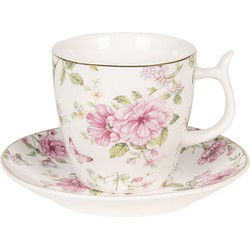 Clayre & Eef Kop en schotel  160 ml Roze Wit Porselein Bloemen Servies