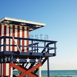 ESTAhome fotobehang strandhuis rood. wit en blauw