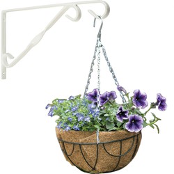 Hanging basket 25 cm met klassieke muurhaak wit en kokos inlegvel - metaal - complete hangmand set - Plantenbakken