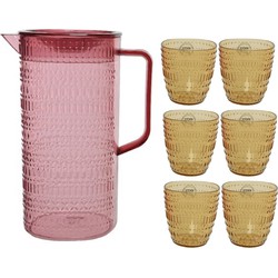 Roze schenkkan/waterkan/sapkan/limonadekan set met 6 gele glazen - Schenkkannen