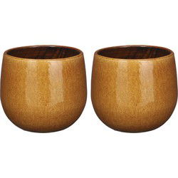 2x Stuks Plantenpot/bloempot keramiek okergeel speels licht gevlekt patroon - D16/H14 cm - Plantenpotten