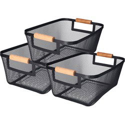 H&S Collection Opbergmand - 3x - met handgrepen - zwart - metaal - 31 x 22 x 14 cm - draadmand - Opbergmanden
