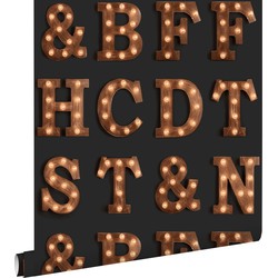 ESTAhome behang houten licht letters zwart en sepia bruin - 0,53 x 10,05 m - 138852