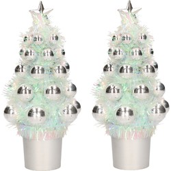 2x Mini kunst kerstboompje zilver met kerstballen 19 cm - Kunstkerstboom
