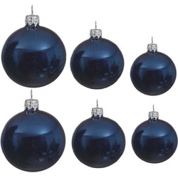 Glazen kerstballen pakket donkerblauw glans 16x stuks diverse maten - Kerstbal