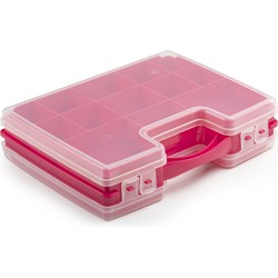 Opbergkoffertje/opbergdoos/sorteerbox 22-vaks kunststof roze 28 x 21 x 6 cm - Opbergbox